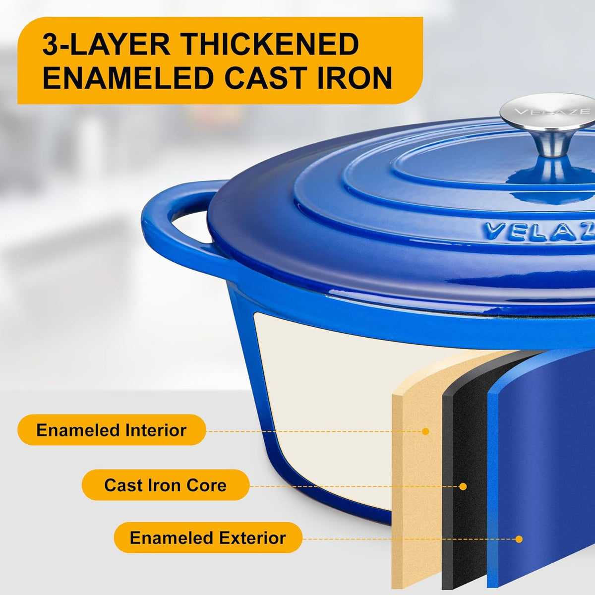 Velaze Cast Iron Casserole with Lid, 34 cm Oval Enamel Pan, 7 L Bread Baking Mould, All Heat Source Stewpan, Blue - QUORE