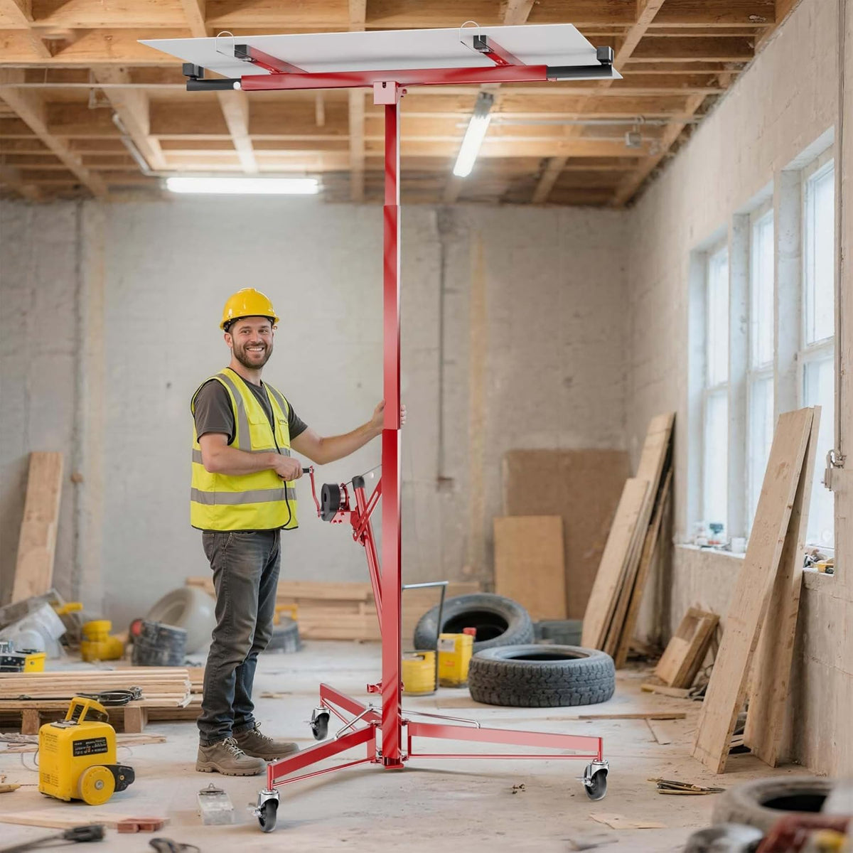 Wiltec platenlift XXL voor gipsplaten en panelen, platenwagen met 1-persoons-bediening, paneellift in rode kleur tot 68 kg draagvermogen en verstelbare armen tot 290 cm