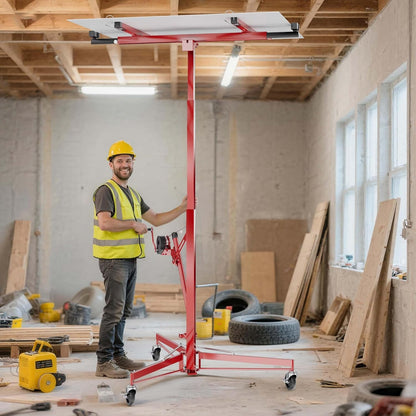 Wiltec platenlift XXL voor gipsplaten en panelen, platenwagen met 1-persoons-bediening, paneellift in rode kleur tot 68 kg draagvermogen en verstelbare armen tot 290 cm