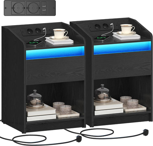 Hzuaneri Bedside Table Set of 2 with LED Light, Bedside Table with Charging Dock, 1 Storage Drawer for Bedroom, Living Room, 2 USB Ports, 2 Power Outlets, Open Compartment Black NS09104X