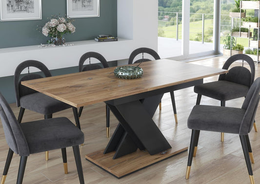 Uitschuifbare Eettafel – Uitschuifbare Tafel – Eettafel Verlengbaar – Tafel Met Verlengstuk – Eiken Eettafel – Uitschuifbaar Van 120 Tot 160 cm – MDF Tafelblad Met Grijs V-Pootframe