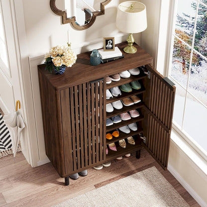 Tribesigns 6 Tier Shoe Cabinet with Shutter Doors, Large Wooden Shoe Storage Cabinet with Adjustable Shelves, Farmhouse Freestanding Shoe Organizer for Entrance, Hallway, Dark Walnut