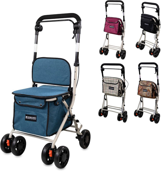 Mobiclinic®, Opvouwbare Rollator, Boodschappenkar met Zitting, Coliseum, Enkele Hendel, Staal, Grote Mand, Rugleuning en Vulling, Remsysteem, 360º Wielen