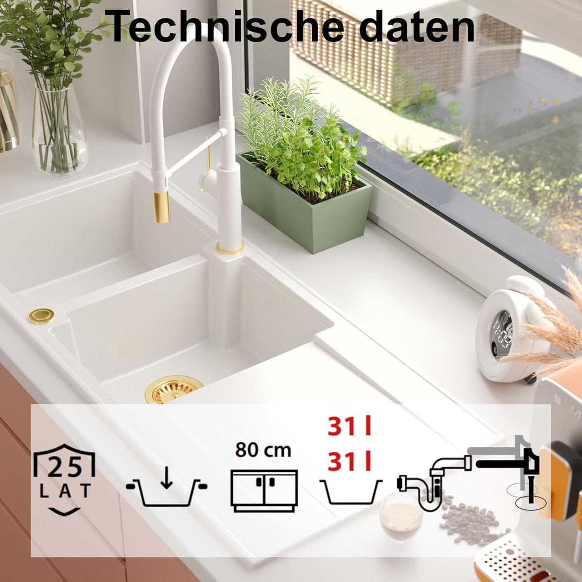 QUADRON Dubbele spoelbak wit, EVAN 121 GraniteQ, keukenspoelbak, 2 granieten bakken 1160 x 500 x 210 mm, open spoelbak Push 2 met sifon met afdruiprek, PVD-koperen elementen