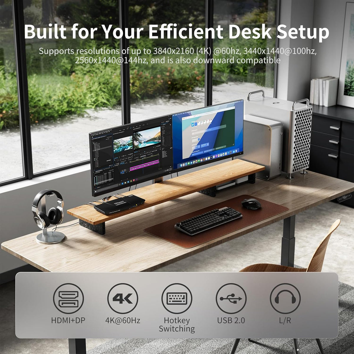 TESmart 4K@60Hz DisplayPort HDMI KVM Switch 2 PC 2 Monitoren, KVM-schakelaar met EDID, audio, 3x USB voor scanner, printer, Toetsenbord Muis, sneltoets, met invoerkabel, IR-afstandsbediening