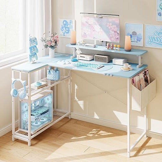 Dowinx Cute Gaming Desk, Carbon Fiber Surface Computer Table, Home Office Desk, PC Workplace with Cup Holder and Headphone Hook, 100x50cm, Blue - QUORE