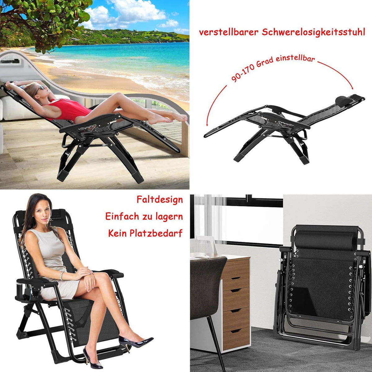 Zero Gravity stoel, inklapbare ligstoel, ondersteunt tot 200 kg fauteuil, Opvouwbare Zonneligstoel ligstoel, inklapbaar, met bekerhouder, kussen,hoofdsteun, voor Tuin, Terras of Balkon 83cm