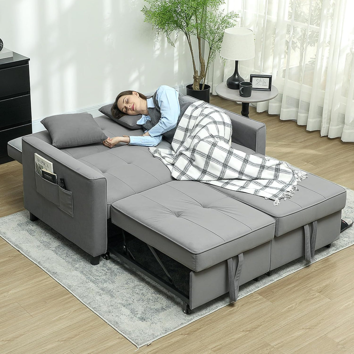 HOMCOM Schlafsofa, 2-Sitzer Sofa mit Schlaffunktion, Verstellbare Rückenlehne, Couch mit Kissen, Samtoptik, L-förmig Schlafcouch mit Bettkasten Rollen für Wohnzimmer, Gästezimmer, Grau - QUORE