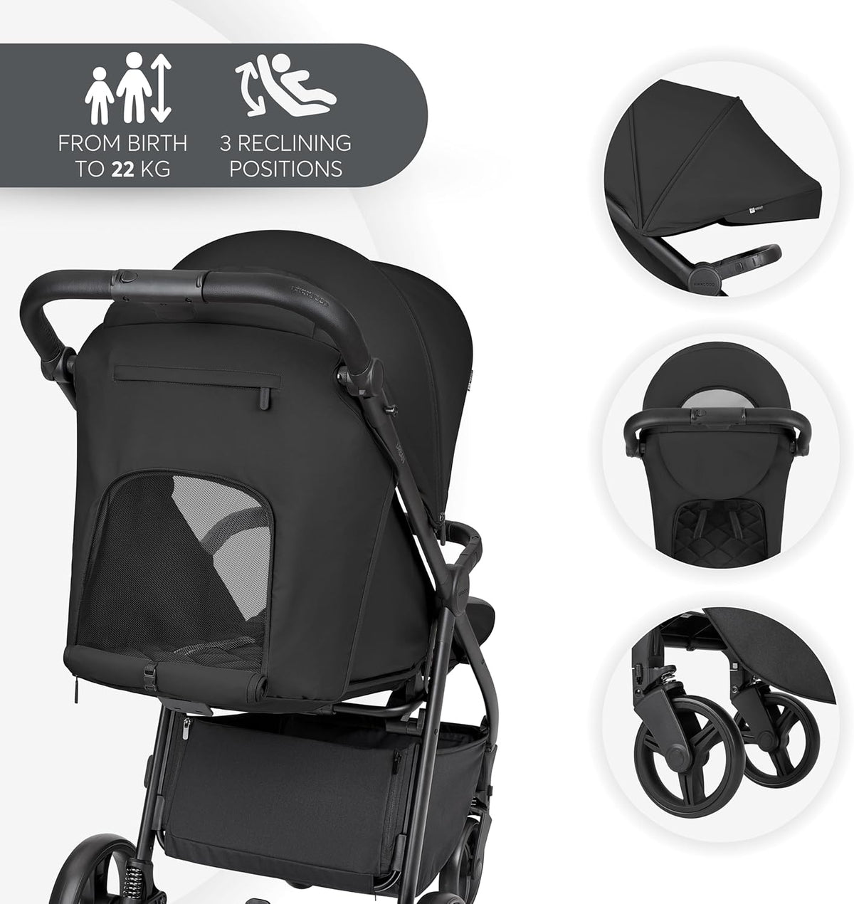KikkaBoo Urban Kinderwagen, licht, vanaf de geboorte tot 22 kg, compact, EVA-wielen met vering, verstelbaar stuur, zwart