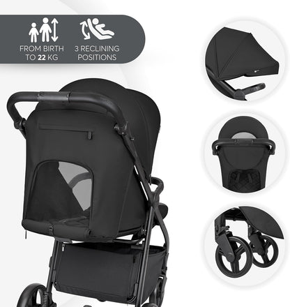 KikkaBoo Urban Kinderwagen, licht, vanaf de geboorte tot 22 kg, compact, EVA-wielen met vering, verstelbaar stuur, zwart