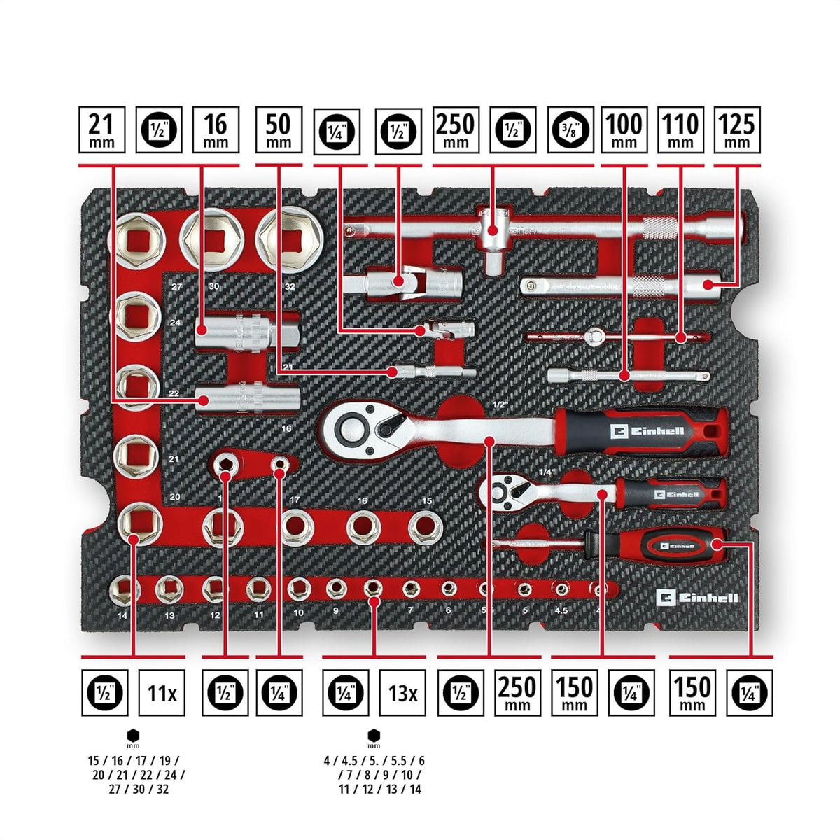 Einhell mechanische gereedschapskoffer, e-case, 201-delig (multifunctioneel, set, steeksleutels, e-case-systeem)