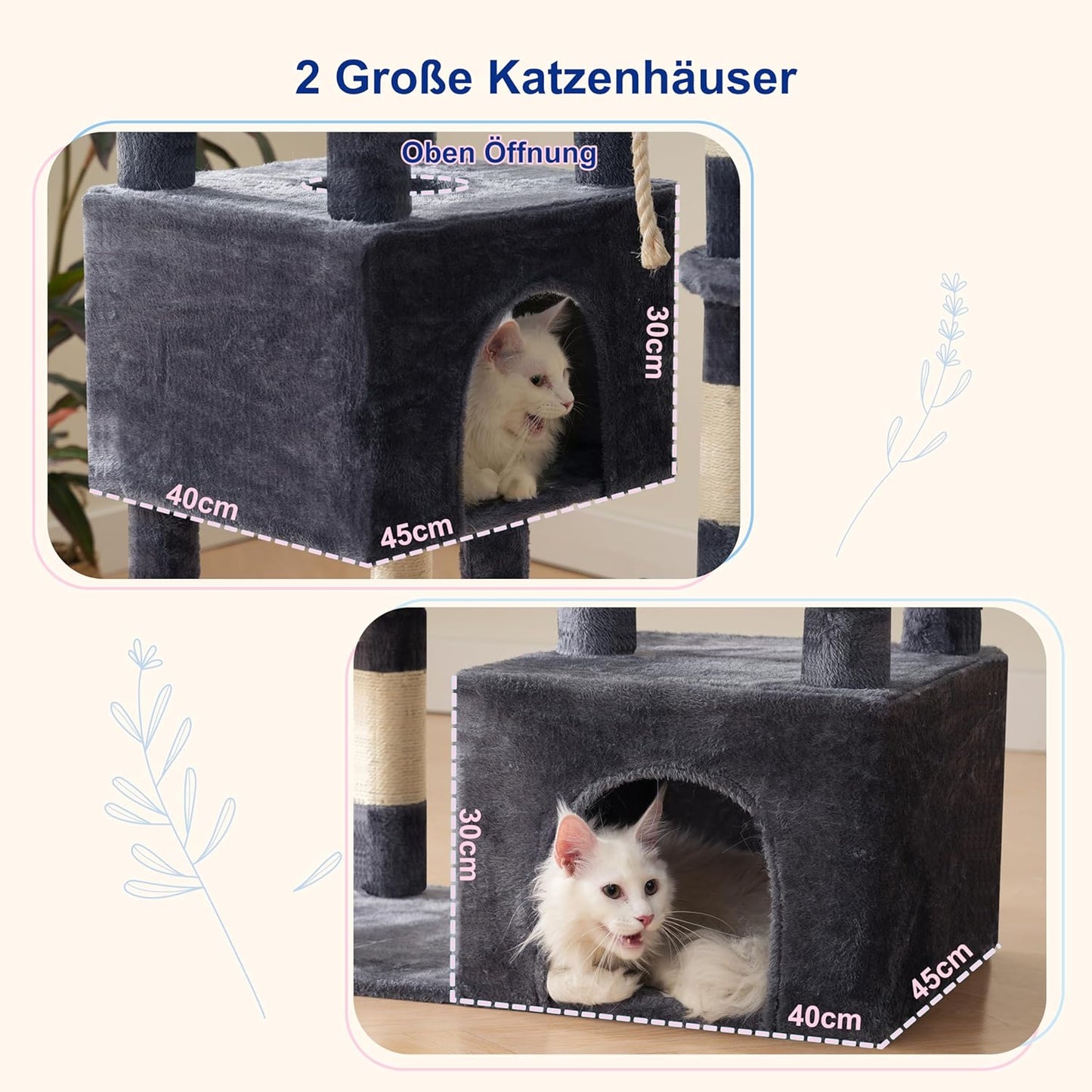 Large Cat Scratching Post for Large Adult Cats, 174 cm Cat Scratching Post with Hammock, 2 Large Sitting Bars, 2 Cat Caves, 15 Scratching Bars, Smoke Grey GCT033G - QUORE
