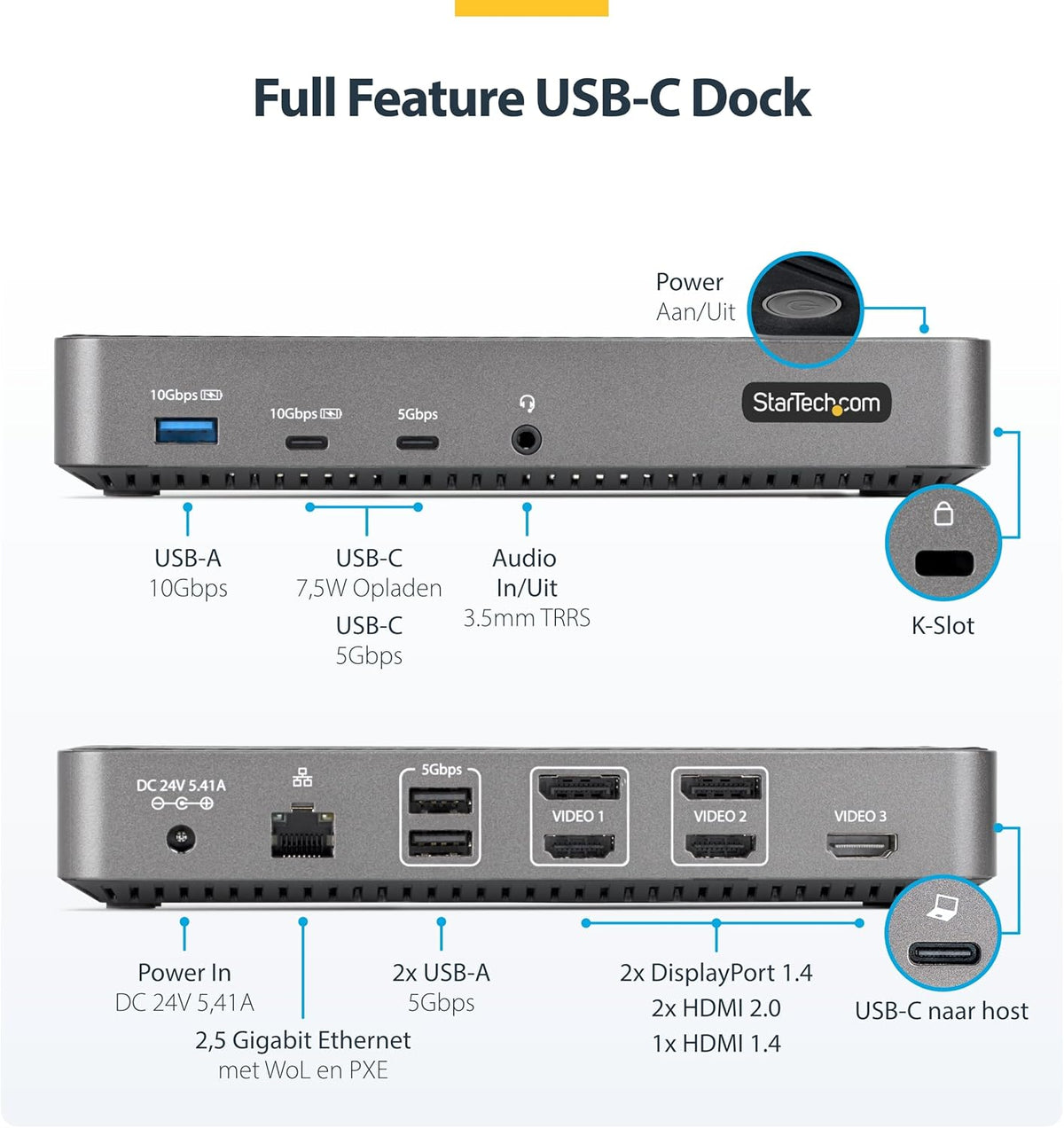 StarTech USB-C Triple Monitor Docking Station - HDMI/DP Triple 4k Dock - 5x USB Hub - GbE - 100W PD - Universeel Multi Monitor Docking Station - Thunderbolt 3/4 Compatibel (116E-USBC-DOCK)
