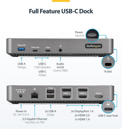 StarTech USB-C Triple Monitor Docking Station - HDMI/DP Triple 4k Dock - 5x USB Hub - GbE - 100W PD - Universeel Multi Monitor Docking Station - Thunderbolt 3/4 Compatibel (116E-USBC-DOCK)