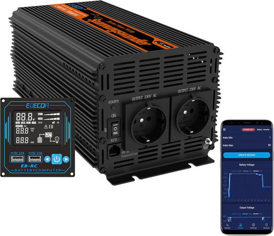 <font dir="auto" style="vertical-align: inherit;"><font dir="auto" style="vertical-align: inherit;">        EDECOA Inverter 12V 230V pure sine 2000W, eco mode, with app, remote control, 2 x USB, compatible with batteries (lithium, AGM, gel, FLD), for camp