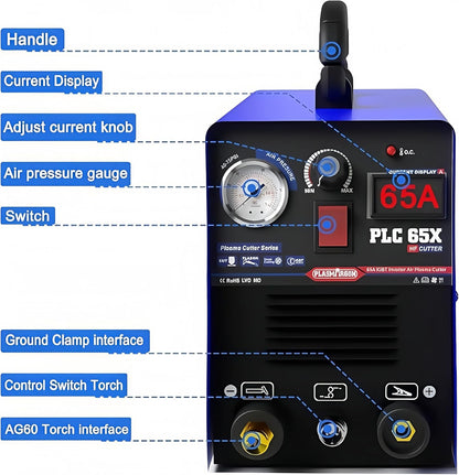 Plasmasnijder 65 Amp contactloze pilootboog, groot digitaal display, max. snijdikte 18 mm, 220 V plasmasnijmachine - PLC65X