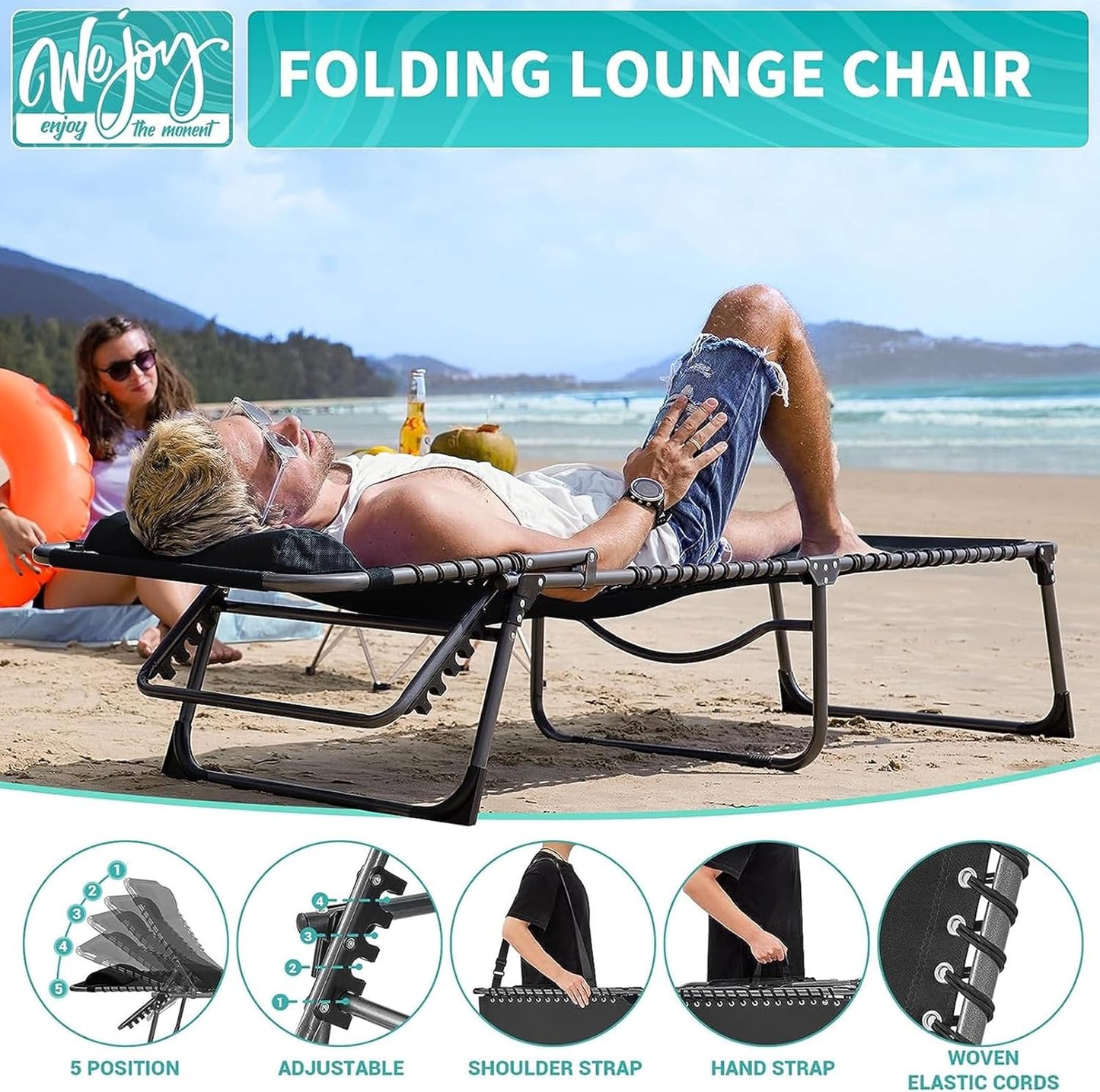 #WEJOY Set van 2 campingligstoelen, zonnebed met zijzak en kussen, draagbaar en licht driepootbed, tot 120 kg, 190 x 59 x 34/37 cm, voor outdoor, reizen, tuin