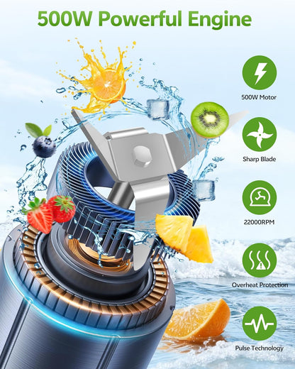 Mixer, draagbare mini-mixer, mixer met 500 W, smoothie maker met 2 Tritan-flessen à 600 ml, BPA-vrij, elektrische mixer met 4 messen van roestvrij staal, voor ijs