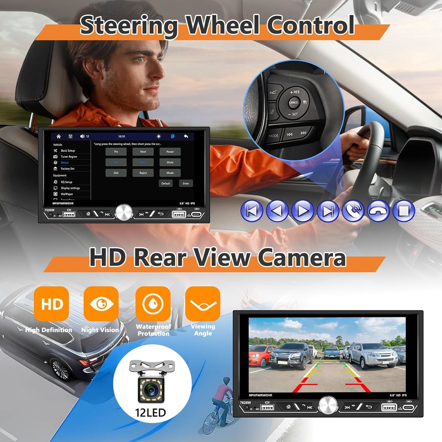 Carplay 2 Din autoradio, 6,8 inch HD touchscreen, bedraad, Android Auto Stereo MP5-speler, ondersteuning Bluetooth/MirrorLink/FM/USB2.0/AUX/opladen/afstandsbediening + achteruitrijcamera