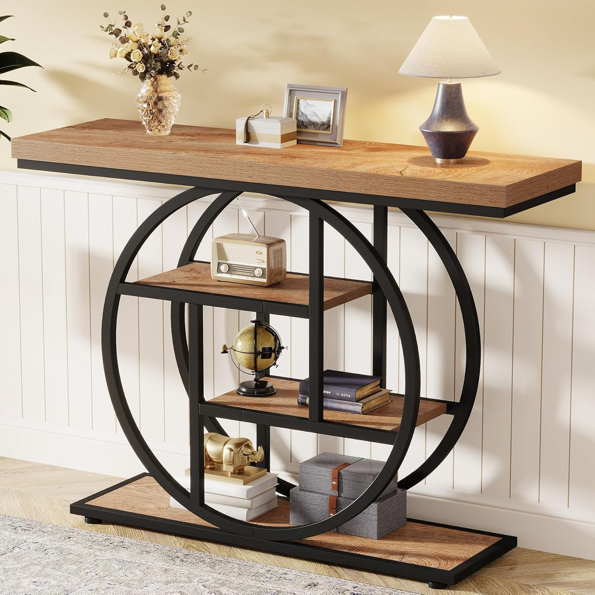 Tribesigns Console Table 105cm with 4 Levels, Narrow Industrial Sofa Table with Round Metal Frame, Wooden Entrance Table with Storage Racks for Living Room (Light Brown)