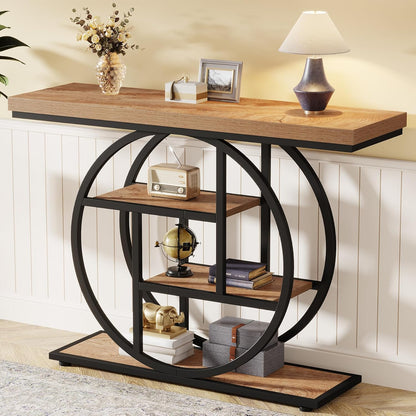 Tribesigns Console Table 105cm with 4 Levels, Narrow Industrial Sofa Table with Round Metal Frame, Wooden Entrance Table with Storage Racks for Living Room (Light Brown)