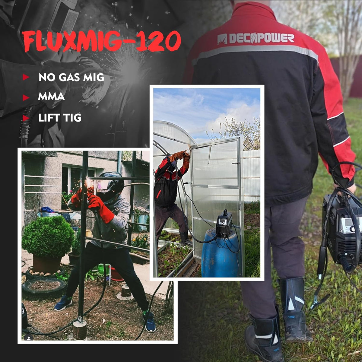 Decapower 220 V lasapparaat 120 A Arc Lift TIG FLUX MIG gasvrij 3-in-1 gasvrije draad lasmachine huishouden (FLUXMIG-120)