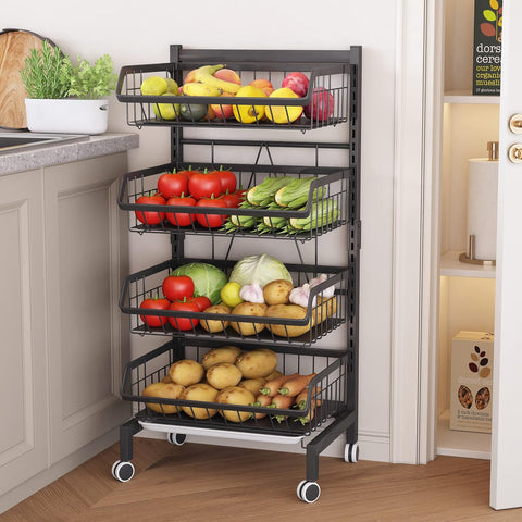 Groenterek - Keukenwagen - Stapelbare Fruitmand - Opbergwagen - met Afsluitbare Wielen - voor Badkamer - Keuken - Kantoor - Koolstofstaal - 39.2 x 31.3 x 87.5 cm - Zwart