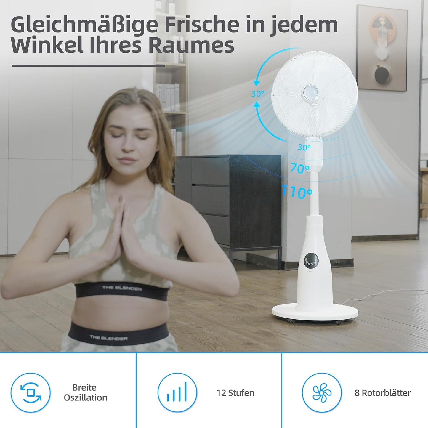 BE COOL BCPSN2L01 Premium staande sproeiventilator met afstandsbediening, 80 W, waterreservoir van 2 liter, 1500 m³/u, oscillatie en timer, stille werking met sfeerverlichting, wit