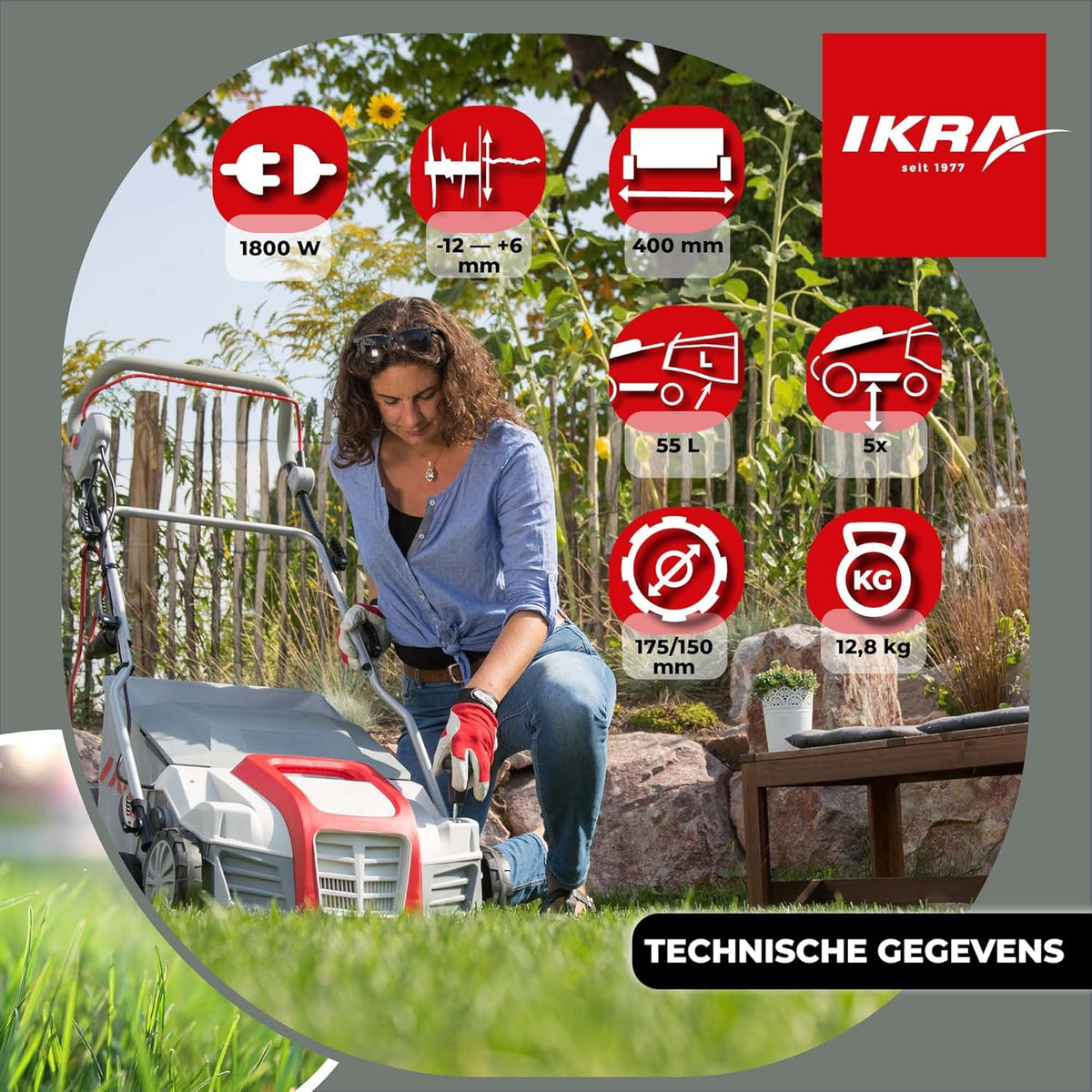 IKRA Elektrische Verticuteermachine Gazonbeluchter IEVL 1840, opvangmand 55l, werkbreedte 40cm, werkdiepte instelbaar, grijs/rood/zwart - QUORE