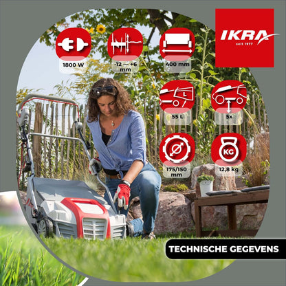 IKRA Elektrische Verticuteermachine Gazonbeluchter IEVL 1840, opvangmand 55l, werkbreedte 40cm, werkdiepte instelbaar, grijs/rood/zwart - QUORE