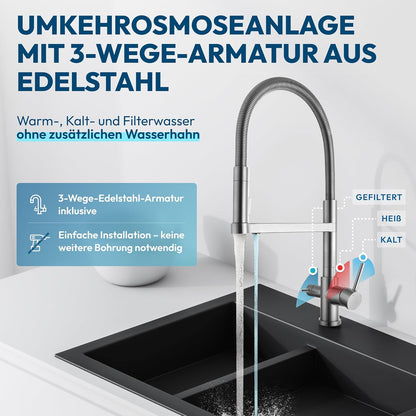 aora Giulia-L GT600 Reverse Osmosis System + 3-Way Stainless Steel Tap Without Drilling - Osmosis Water Filter with 8 Filter Levels and Filter Change in 3 Seconds - System - QUORE