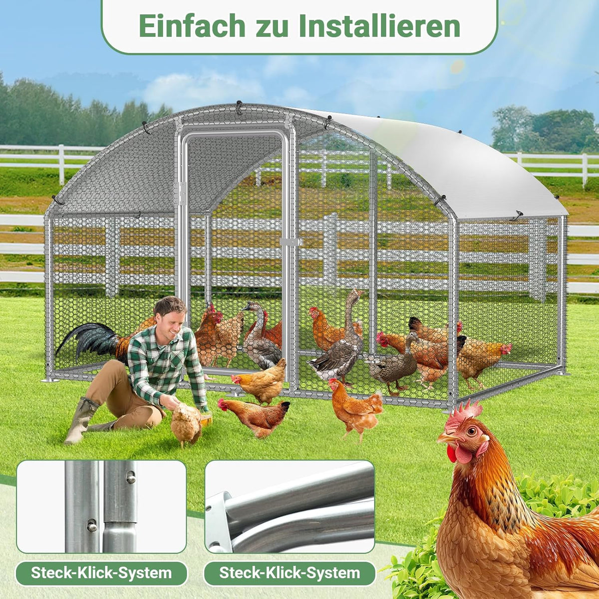 Chicken Coop Outdoor House, Rabbits, Galvanised Steel, Outdoor Chicken Coop with Lock and Waterproof PE Fabric for Chickens, Small Animals and Plants (3 x 4 x 2 m) - QUORE