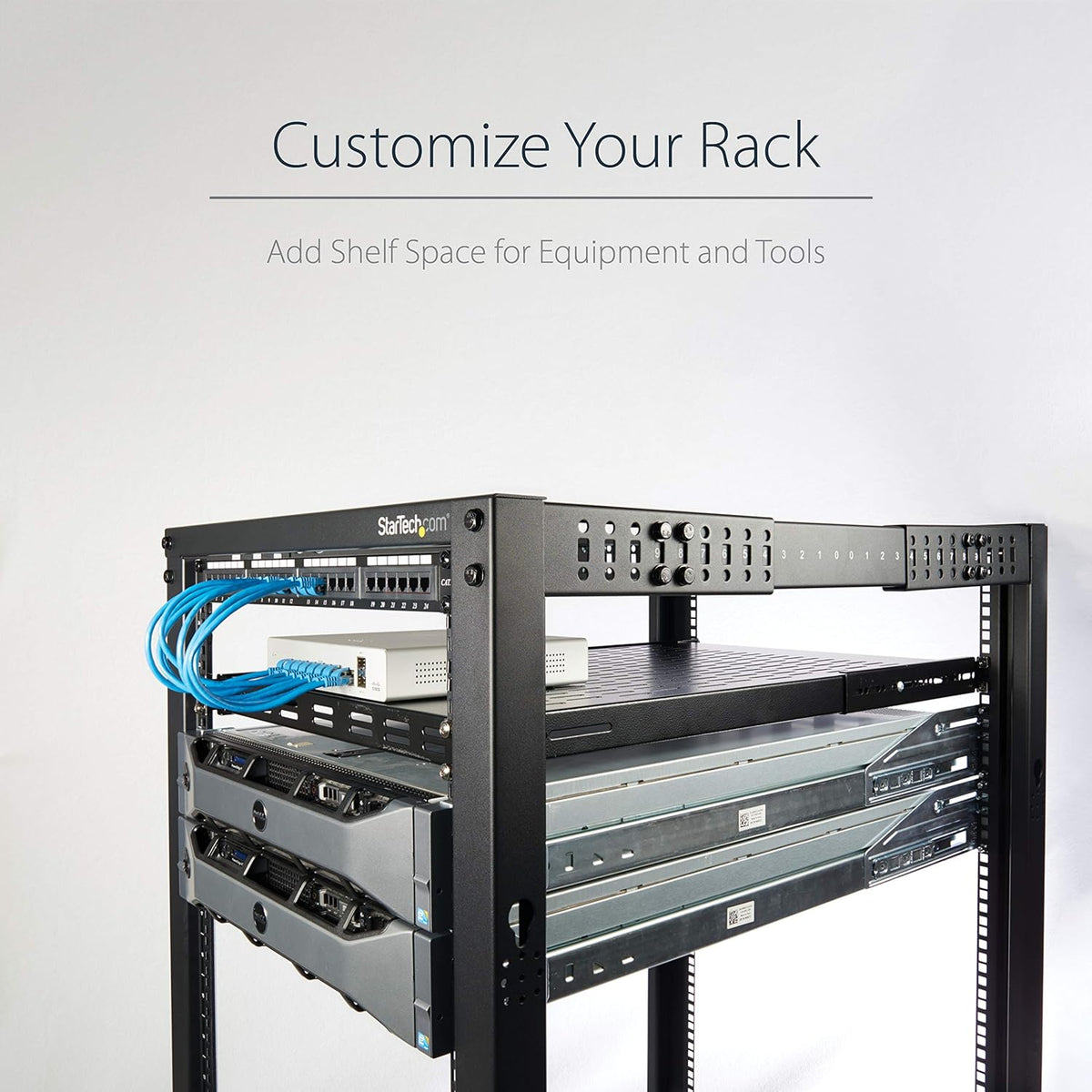 StarTech.com 1 HE Verstelbaar geperforeerd server rack mount opbergvak - 80 kg - 49 tot 97 cm instelbare inbouwdiepte universeel opbergvak voor 19" AV/netwerkkast - 70 cm diep (ADJSHELF)