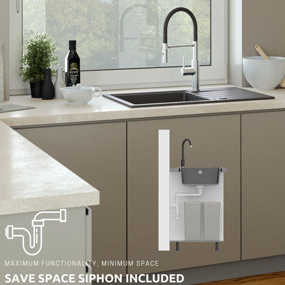 Quadron Granieten gootsteen, afmetingen 62 x 50 x 20 cm, kleur: beige en staal, PETER 116 enkele gootsteen, granieten spoelbak, met handmatige sifon en afdruipvlak
