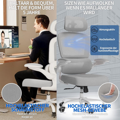 Bureaustoel – Ergonomische Stoel – Gamingstoel – Kantoorstoel – Computerstoel – Verstelbare Lendensteun & Hoofdsteun – Draaggewicht Tot 150 Kg – Geschikt Voor Grote Mensen – Grijs