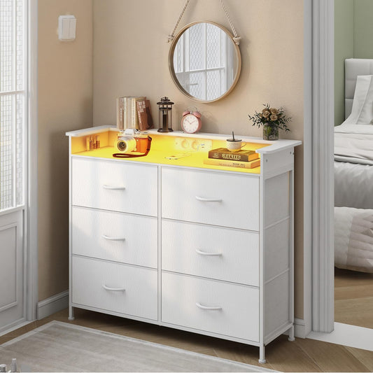VEDECASA Commode met 6 laden en LED-verlichting. Dressoir met 2 USB-poorten & 2 stopcontacten. Opbergtoren met kast voor slaapkamer, woonkamer en hal, metalen frame, houten plaat