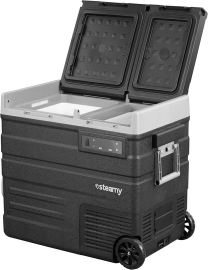 Steamy-E Dual Zone 65 Roller, Elektrische Compressor Koelbox met wielen, 57 Liter, 12V/230V, voor vriezen en koelen van -20 tot +20, ideaal voor op de camping