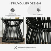 Tuintafel - Tuintafel Rond - Bijzettafeltje - Rattenbijzettafel - Bistrotafel, Salontafel - met Glazen Tafelblad - Boho-Stijl - voor Terras - Tuin - Ø40 x 42 cm - Zwart