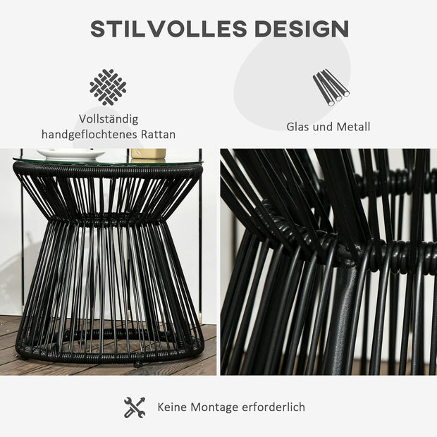 Tuintafel - Tuintafel Rond - Bijzettafeltje - Rattenbijzettafel - Bistrotafel, Salontafel - met Glazen Tafelblad - Boho-Stijl - voor Terras - Tuin - Ø40 x 42 cm - Zwart