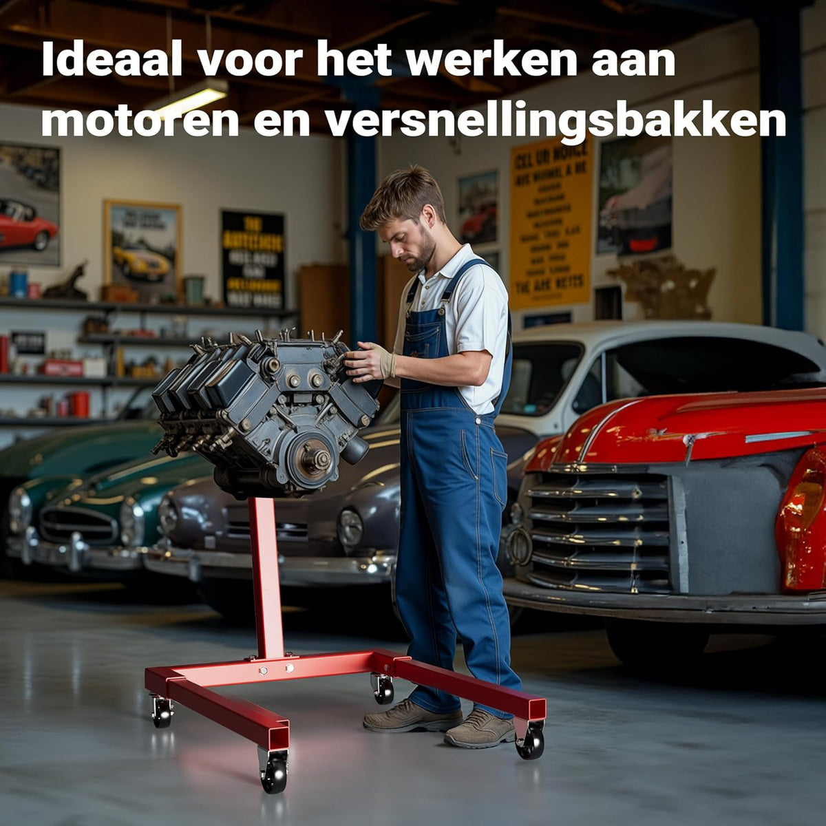 Wiltec motorbloksteun tot 570 kg, stalen motorstandaard voor het tillen van automotoren, motorsteun met wielen voor reparaties en onderhoud