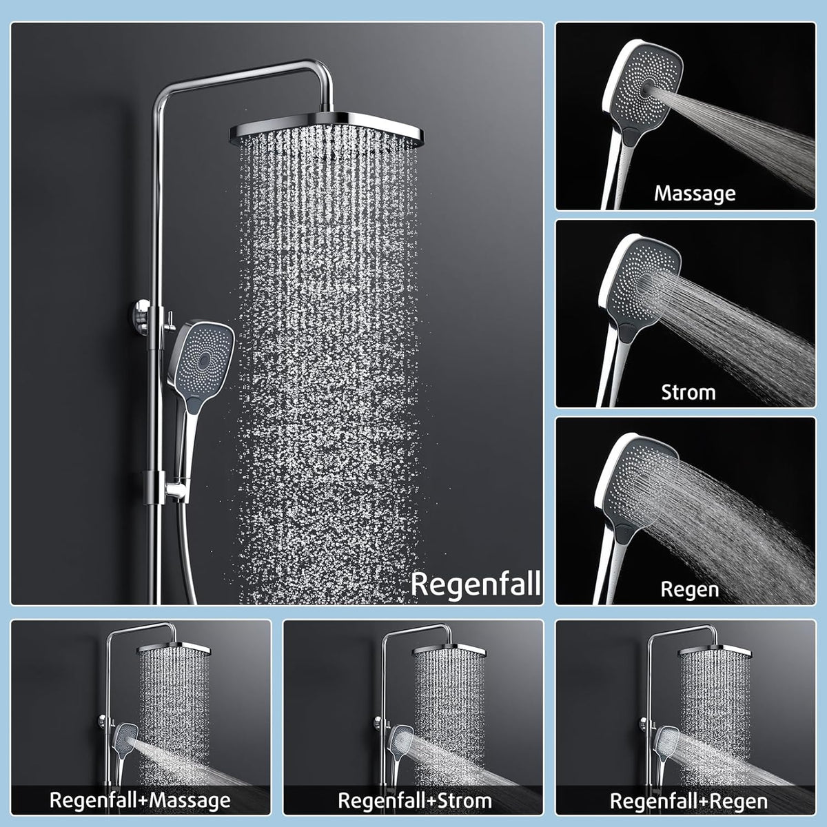 Douche Systeem – Douche Set – Regendouche – Handdouche – Thermostaatkraan – Eenvoudige Eén-Knop Bediening – Grote 26x26 cm Regendouche