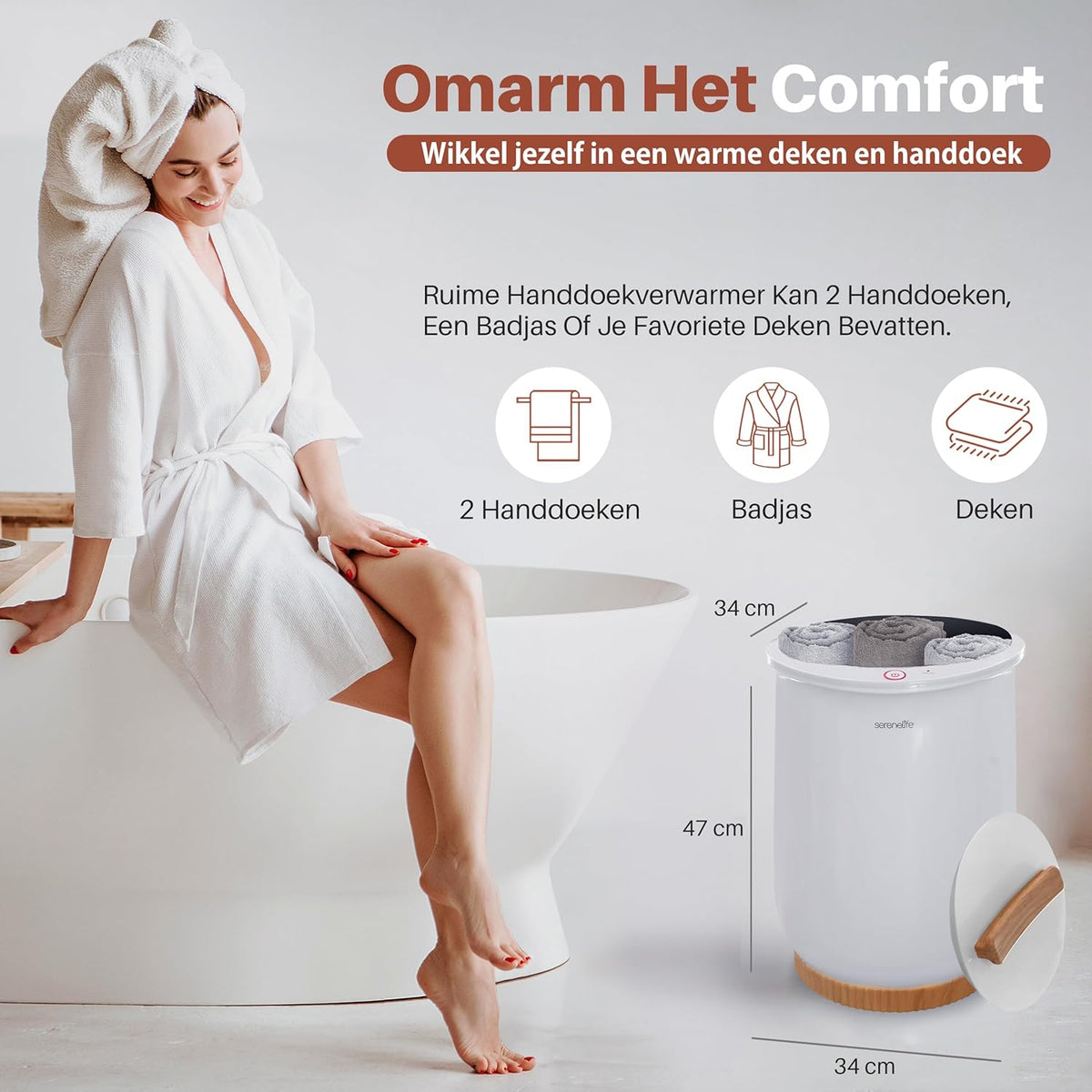 Serenelife Towel Warmer, Electric Bucket Towel Heater for Spa and Bathroom, With Portable Handle, Fits 2 Large Bath Towels/Bathrobes/Pajamas, Auto Shut Off Function, White - QUORE