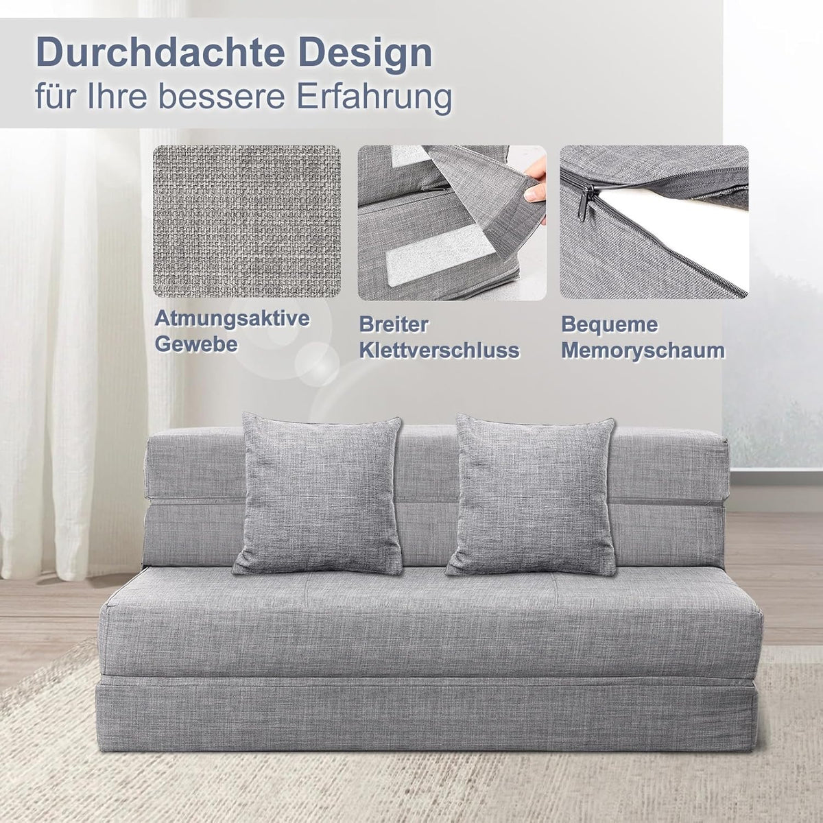 ANONER Traagschuim Uitklapbare Slaapbank met Kussen Twin Size Futon Slaapstoel voor Woonkamer Appartement (Queen, Light Grey)