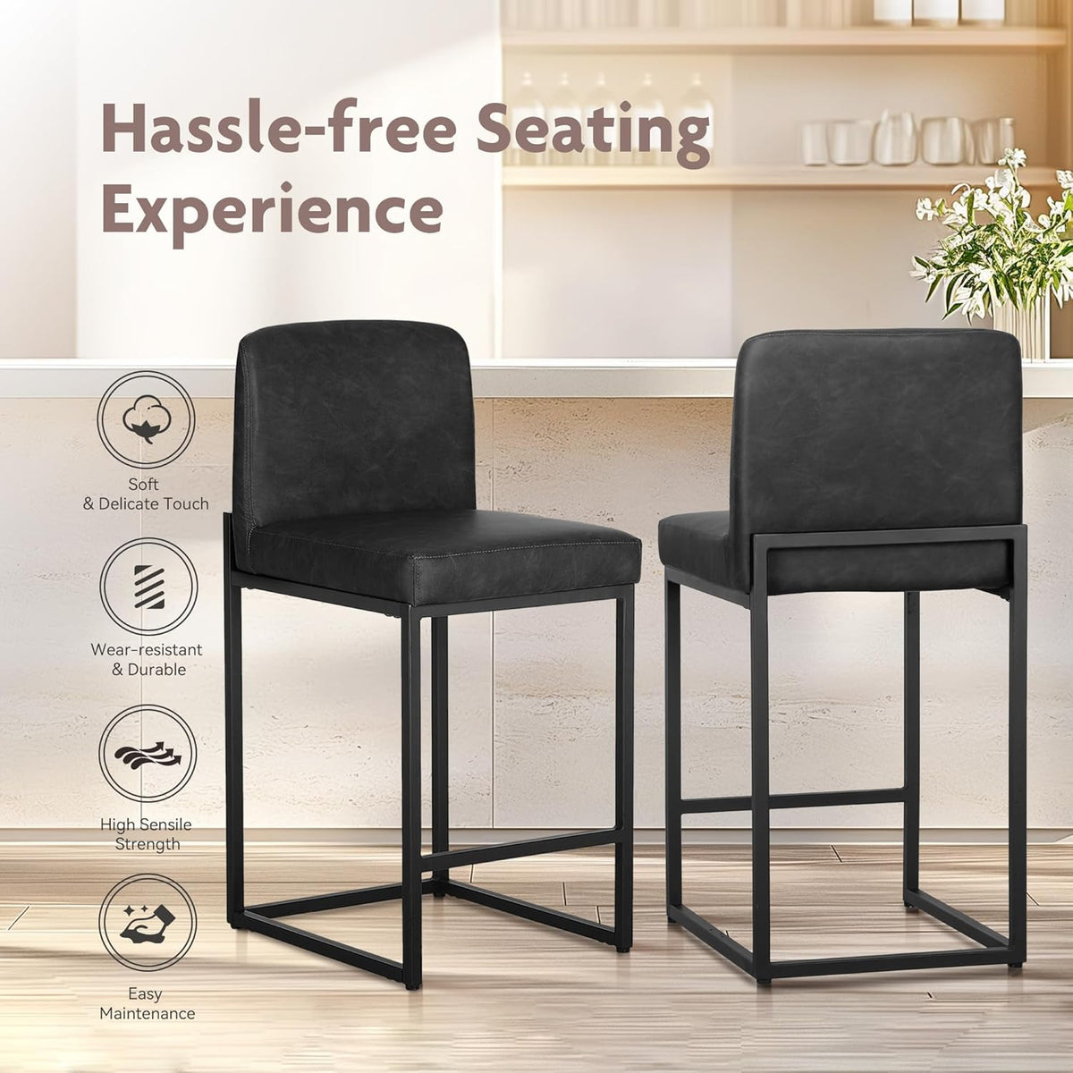 ALPHA HOME Bar Stool Set of 2 Bar Stools with Backrest, PU Leather, 2-Piece Set with Footrest for Countertop, Stable Metal Steel Frame, Black