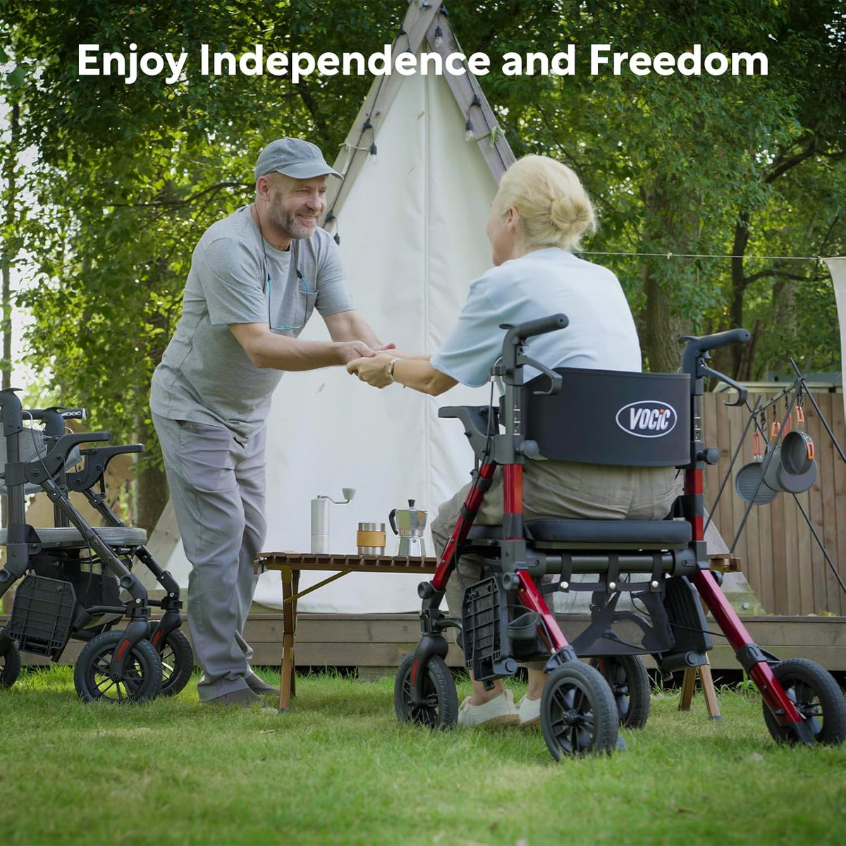 VOCIC 2 in 1 Rolstoel Rollator Opvouwbaar en Licht met Zitting, Outdoor Gumbanden voor Alle Terreinen, Lichtgewicht Rollatoren met Nettas, Aluminium Loophulp Transport-Stoel, Rood (5 Jaar