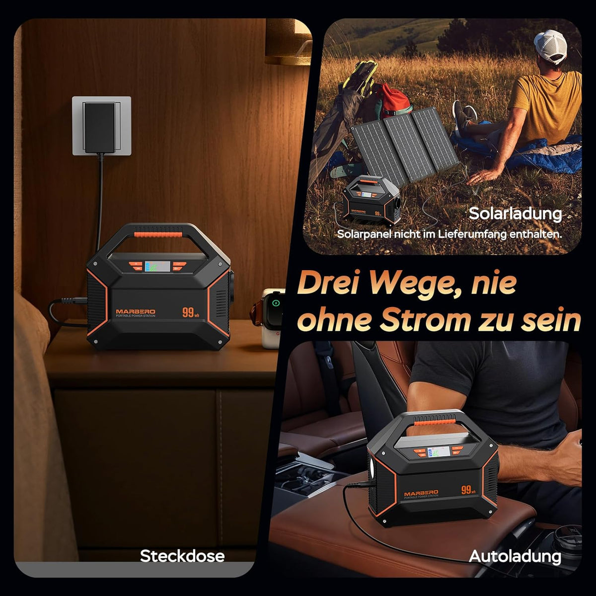 MARBERO 99Wh draagbaar powerstation, lithiumbatterij, noodstroom, 150 W, Max zonne-generator met LED-lamp voor outdoor, camping, camper, huis, noodgevallen