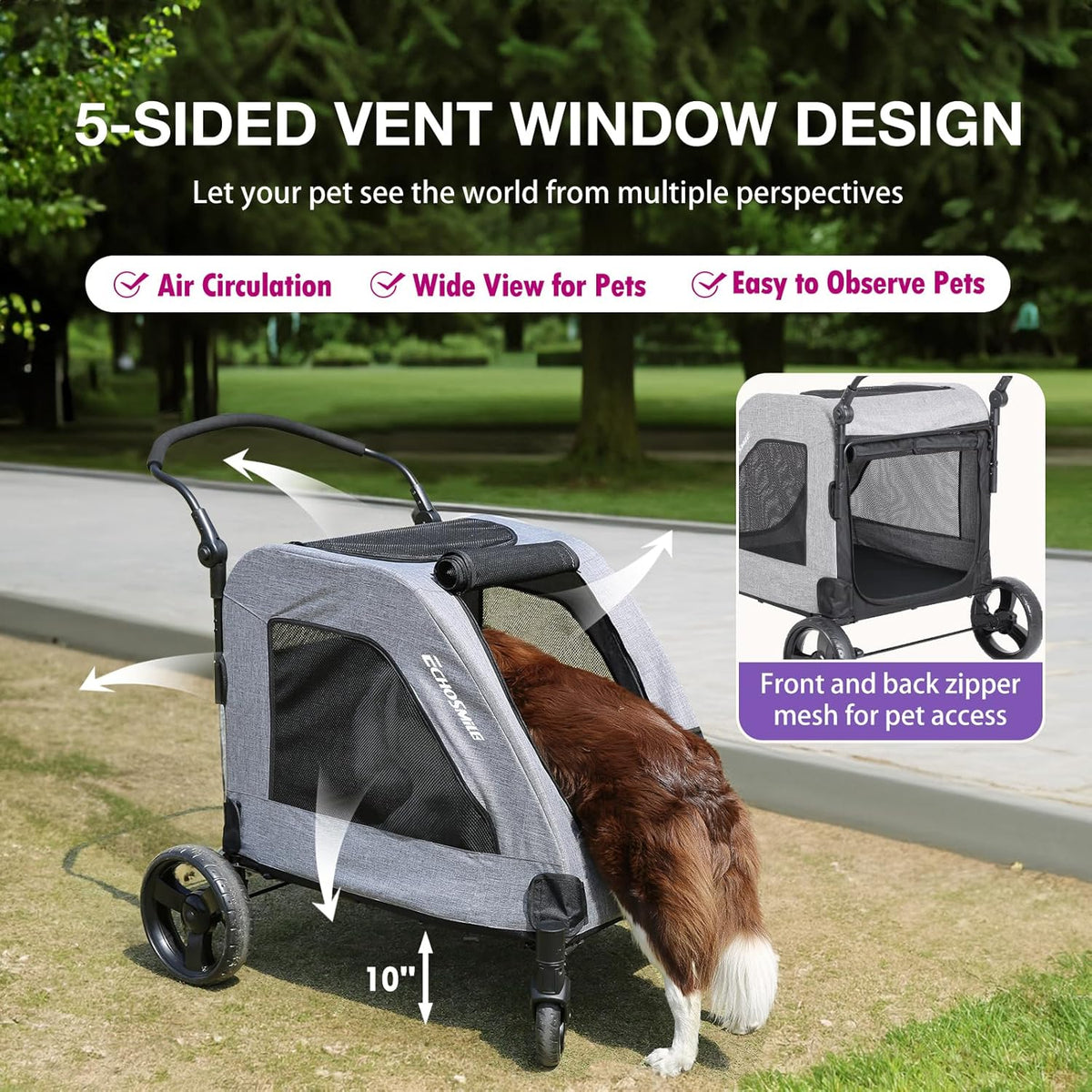 EchoSmile Hondenwagen voor middelgrote en grote honden tot 70 kg, opvouwbare hondenbuggy met netramen, verstelbare handgreep en 4 wielen voor terrein, grijs