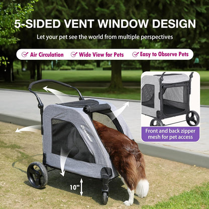 EchoSmile Hondenwagen voor middelgrote en grote honden tot 70 kg, opvouwbare hondenbuggy met netramen, verstelbare handgreep en 4 wielen voor terrein, grijs