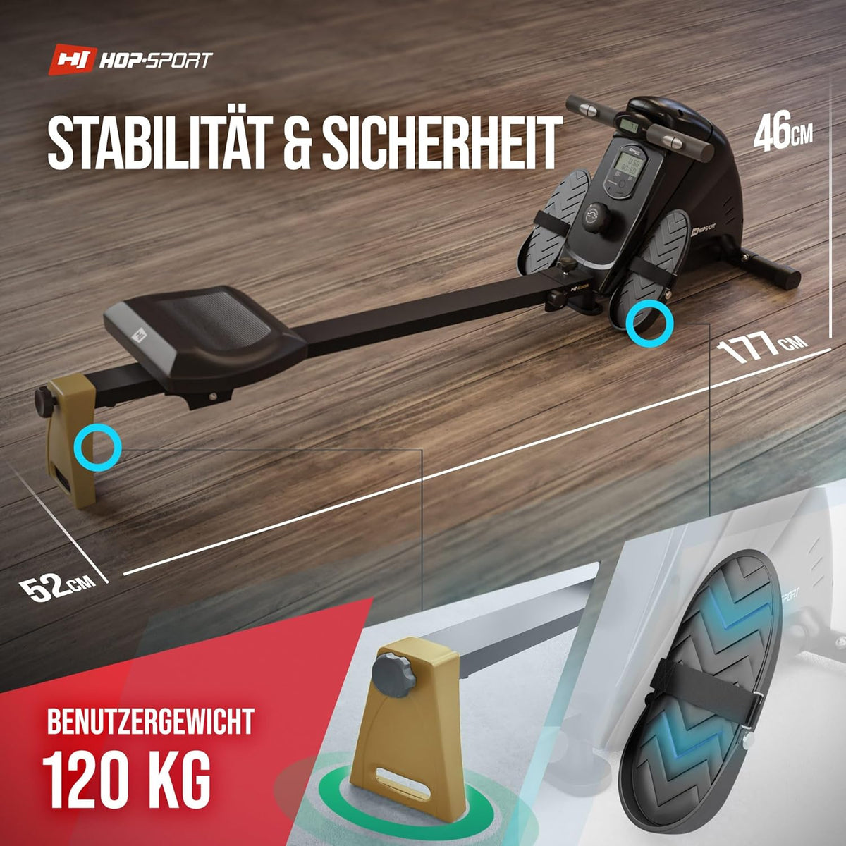 Hop-Sport Magnetic Rower HS-030R Boost, 10 Levels Of Silent Magnetic Resistance, Flywheel 9kg, Indoor Foldable Rowing Machine, LCD Monitor and Transport Wheels, for Home Use, max. 120kg - QUORE