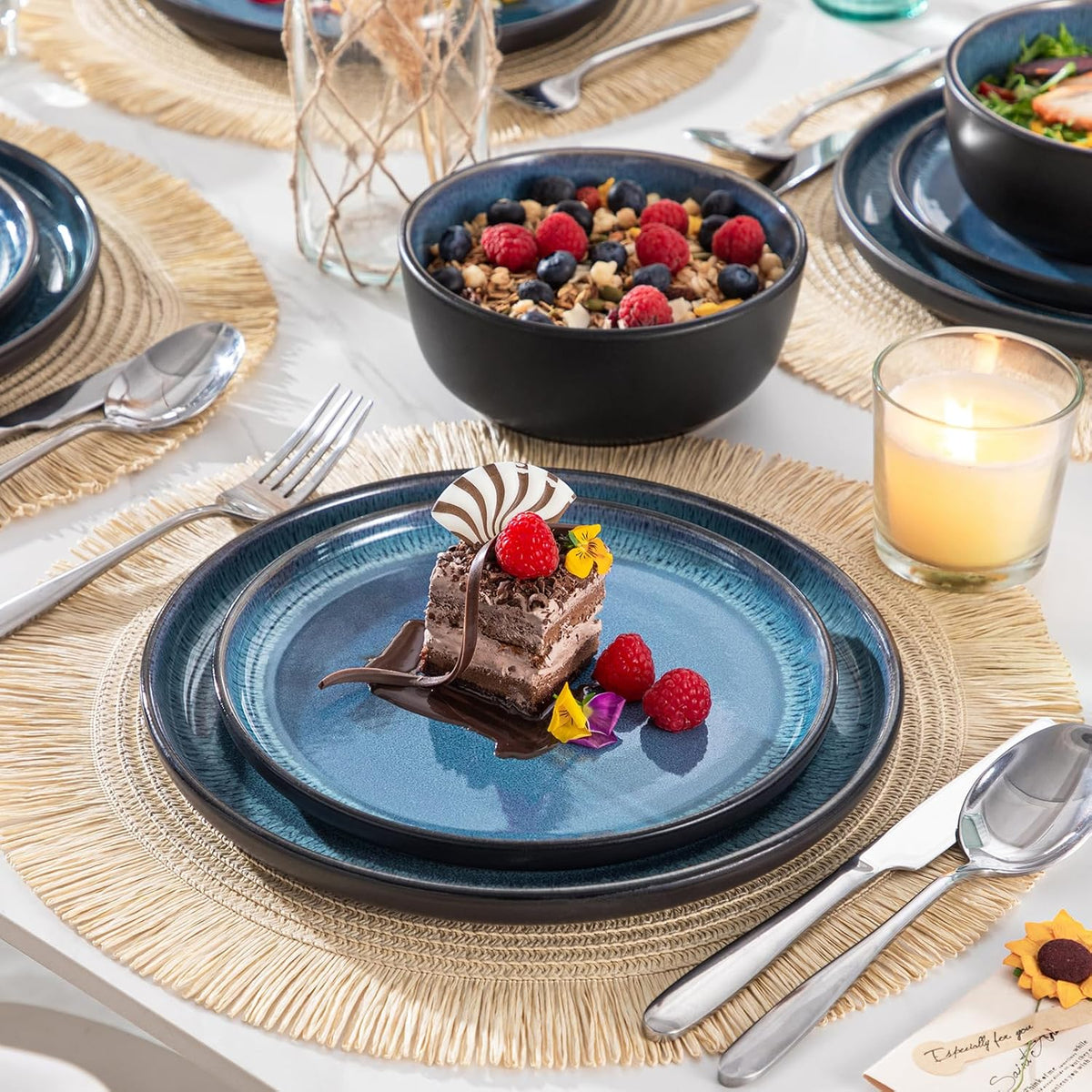 vancasso PLAYA Tafelservies voor 6 personen, modern servies, 18 delen van aardewerk, 6 platte borden, dessertborden en kommen, vaatwasmachinebestendig, reactief geëmailleerd, blauw